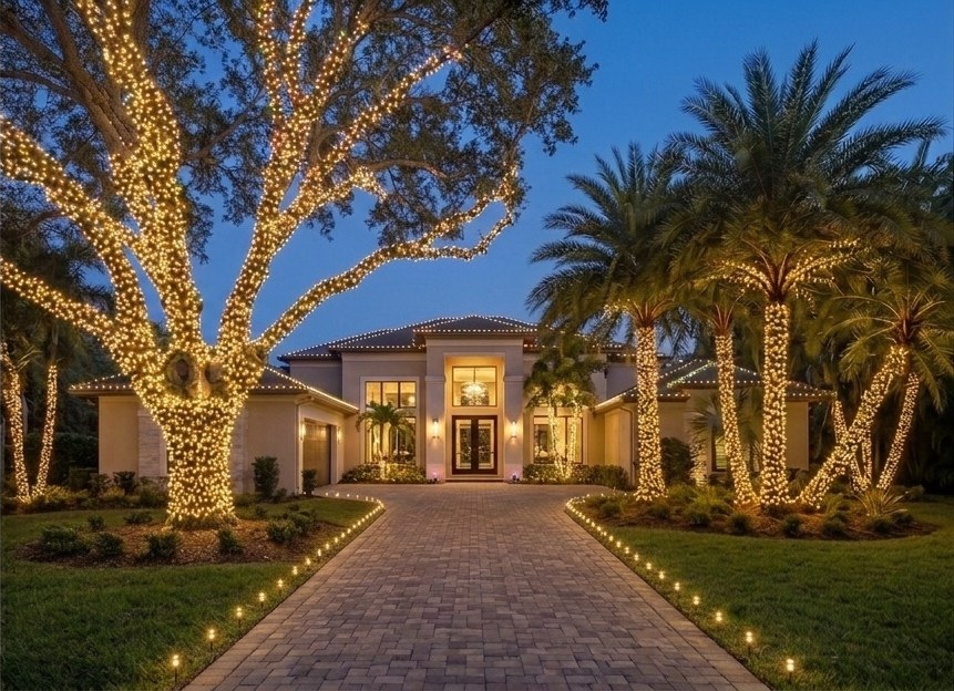 Modern estate with lit palms and a lantern-lined driveway