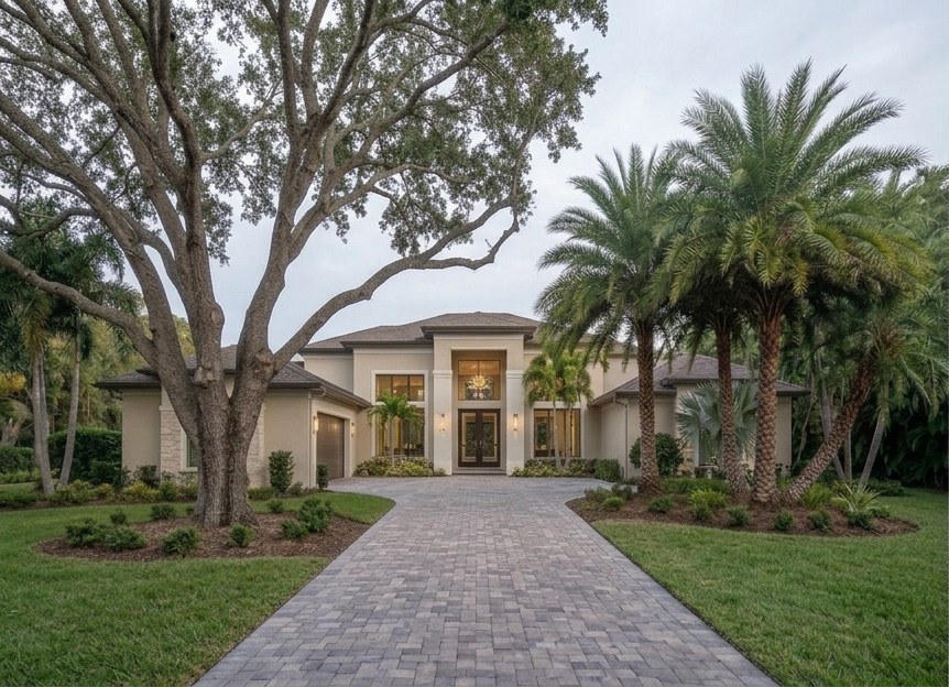Modern estate before holiday lighting